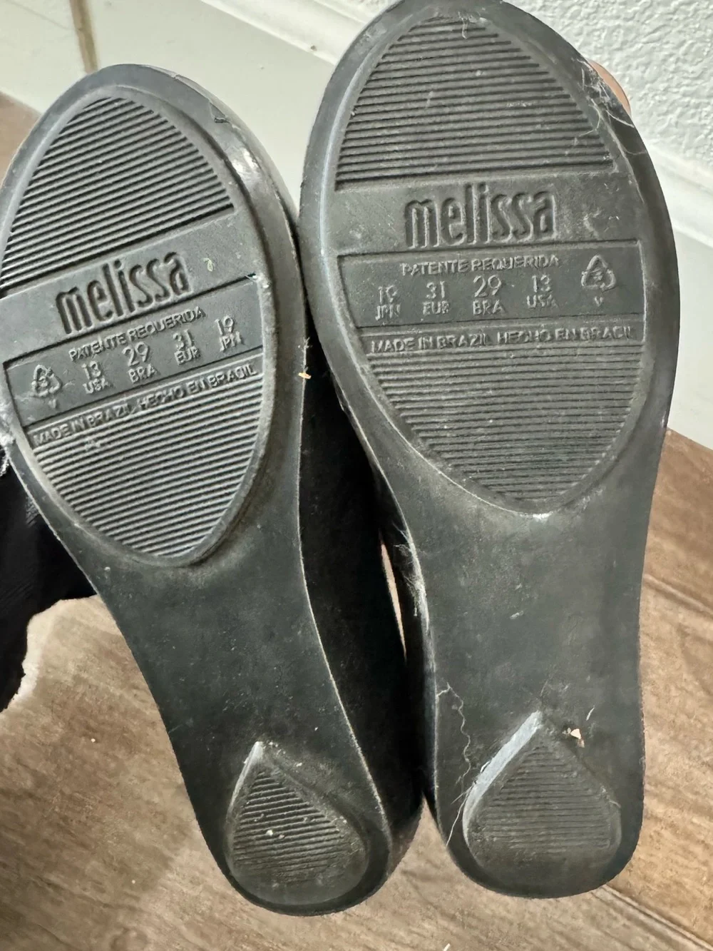 Melissa x Mel By Melissa Black Peep-Toe Flats with Pink Rose Accent Girls Sz 13